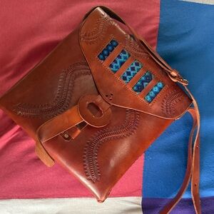 Brown Leather Bag with Blue Accents